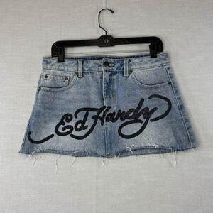 Ed Hardy Denim Women’s Size Medium Embroidered Brave Hearts Mini Skirt